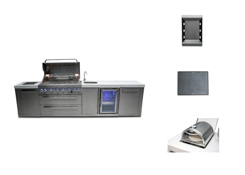 Mont Alpi Premium 132"W Stainless Steel Outdoor Kitchen Island with 44"W 6-Burner BBQ Gas Grill + Beverage Center Faucet & Sink + Refrigerator + Side Burner Pizza Oven + Charcoal Tray + Griddle Plate