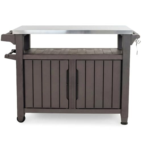 Keter Outdoor Rolling Table Cart for Food Prep, Storage, Dark Brown