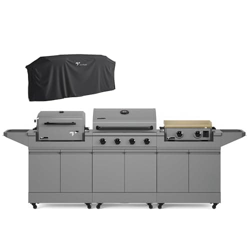 Tytus Anaheim 4-Burner Gas Grill with Two Prep Carts, Charcoal Grill, and Gas Griddle with Cover - Modular Outdoor Kitchen, Quick Assembly, Outdoor Cooking, Kitchen Island for BBQ