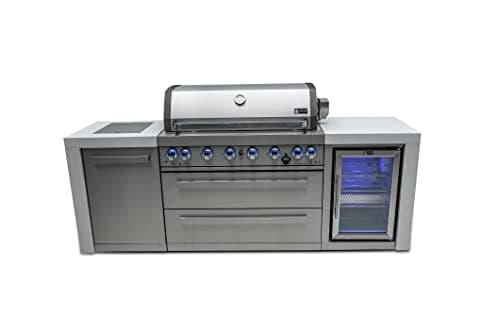 Mont Alpi 82"W x 23"D x 46"H Deluxe Stainless Steel Modular Outdoor Kitchen Island with Refrigerator + 32"W 4-Burner BBQ Gas Grill + Side Burner + Granite Countertops + Storage Cabinets and Drawers