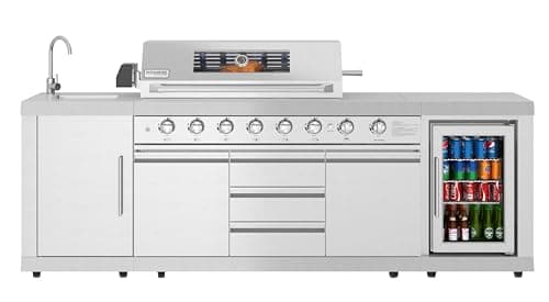 KoolMore Reserve Outdoor Kitchen Island with 6 Burner Grill and a Side Burner, Sink, Storage Cabinet and Beverage Refrigerator, CSA Listed in Stainless-Steel