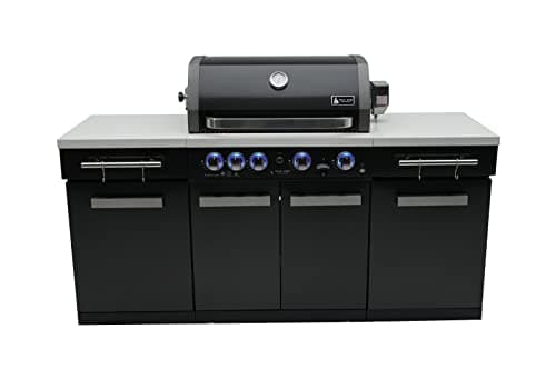 Mont Alpi Premium 70"W x 24"D Black Stainless Steel Compact Outdoor Kitchen Island with Access Doors + 32"W 4-Burner BBQ Grill with Infrared Rear Burner + Storage Cabinets + White Granite Countertops