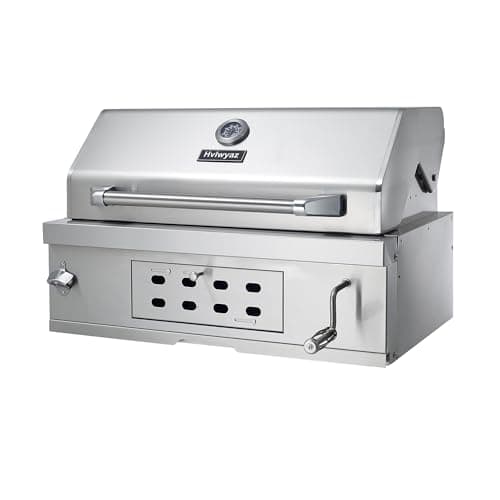 Large Built-In Charcoal BBQ Grill, Charcoal Grills with Liftable Tray, Insulated Hood & Temperature Gauge, Heavy-Duty Stainless Steel Barbecue Grill for Outdoor Kitchen, Family Parties, and Camping