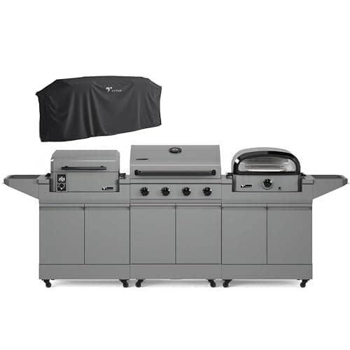 Tytus Anaheim 4-Burner Gas Grill with Two Prep Carts, Pellet Smoker, and Pizza Oven with Cover - Modular Outdoor Kitchen, Quick Assembly, Grill for Outdoor Cooking, Kitchen Island for BBQ