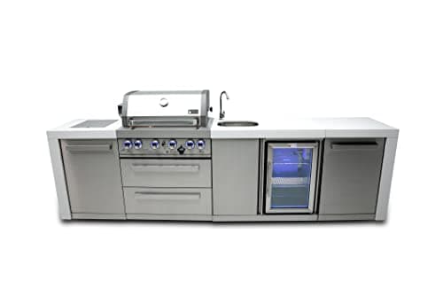 Mont Alpi Premium 120"W Deluxe Stainless Steel Modular Outdoor Kitchen Island with Refrigerator + 32"W 4-Burner BBQ Gas Grill + Faucet & Sink + White Granite Countertops + Storage Cabinets + Cover