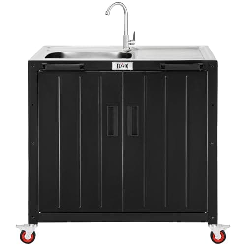 Feasto Outdoor Kitchen Island with Stainless Steel Sink and Storage Cabinet, 35-Inch BBQ Prep Station with Faucet & Lockable Wheels for Patio, Backyard, and Outdoor Cooking, Black & Silver