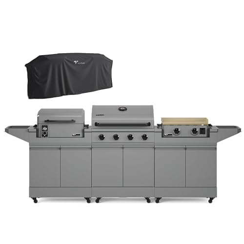 Tytus Anaheim 4-Burner Gas Grill with Two Prep Carts, Pellet Smoker, and Gas Griddle with Cover - Modular Outdoor Kitchen, Quick Assembly, Grill for Outdoor Cooking, Kitchen Island for BBQ