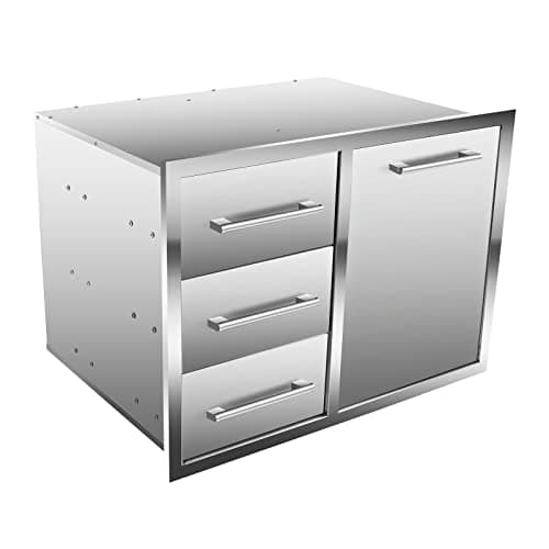 Outdoor Kitchen Drawer Combo, BBQ Access Trash Drawer Combo with Triple Stainless Steel Drawers(Left), Outdoor Kitchen for BBQ Island, Grilling Station, Outside Cabinet (28" W x 19.6“D x 20.1" H)