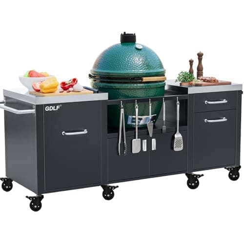 GDLF Outdoor Grill Table for 2XL Big Green Egg, Metal Grill Cart Compatible with 2XL Big Green Egg,Big Joe,Primo XL,Waterproof Cover Included