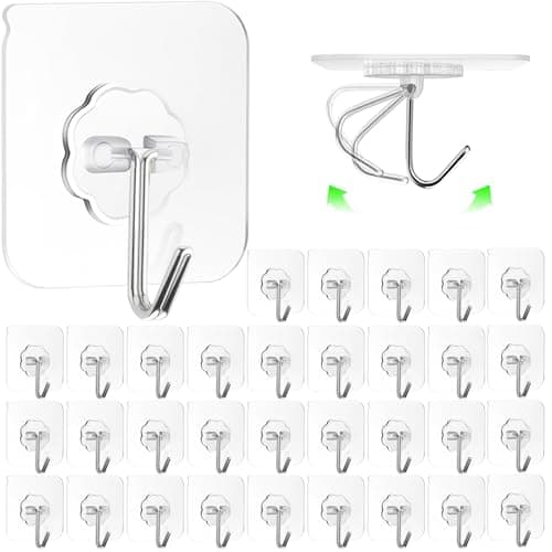 ZESLMG Adhesive Wall Hooks for Hanging, 32 Pack Self Sticky Hooks Heavy Duty 22lb Clear, Removable Shower Hook No Damage for Towel Key Coat Wreath Picture Outdoor Ceiling Bathroom Kitchen, Waterproof
