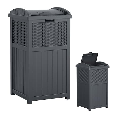 Suncast 33 Gal, Wicker Hideaway Trash Can, Secure Lid, Cyberspace Gray