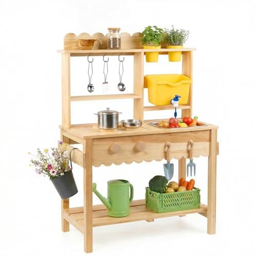 Wooden Mud Kitchen for Kids Outdoor - Play Kitchen with Real Running Water Sink & Removable Sink, 10-Piece Accessory Set with Stainless Steel Cookware & Planter Pots, Montessori Toy Gift for Ages 3+