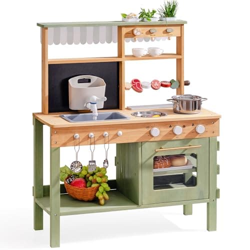 ROBOTIME Wooden Mud Kitchen for Kids, Outdoor Playset with Sink, BBQ Grill, Coffee Maker, Planting Area & Oven, Pretend Play Mud Kitchen Toy for 3+ Years Old Children
