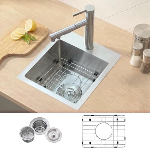 VCCUCINE Drop in Bar Sink, 15x15 Inch Topmount RV Small Kitchen Sink, Handmade Stainless Steel Wet Bar Sink, Outdoor Single Bowl, Brushed Nickel Prep Sink with Accessories