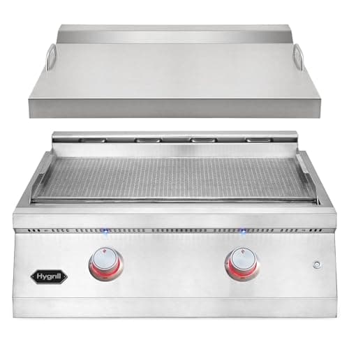 Hygrill 30-Inch Premium Built-In Natural Gas Griddle for Outdoor Kitchen, Durable 304 Stainless Steel 2-Burner Flat Top Grill with Lid and LED lights