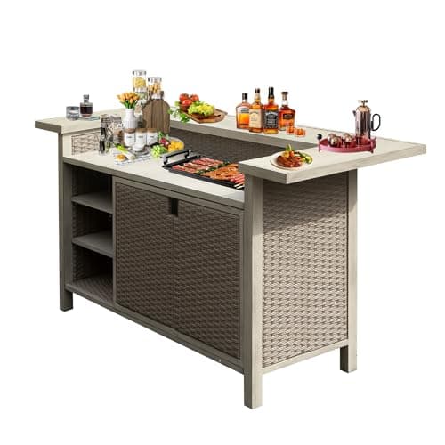 Domi Patio Bar Table, Outdoor Aluminum PE Wicker Bar Cart with Cabinet, All Weather Use Storage Patio Cabinet for Patio Kitchen or Bar Cart, Wood Grain