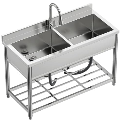 GGW 2-Compartment Commercial Sink, Stainless Steel Utility Sink with Pull-out Faucet, Free Standing Double Bowl Kitchen Sink for Restaurant, Garage, Shop, Cafe, Outoor, 21.7"D x 47.2"W x 37"H