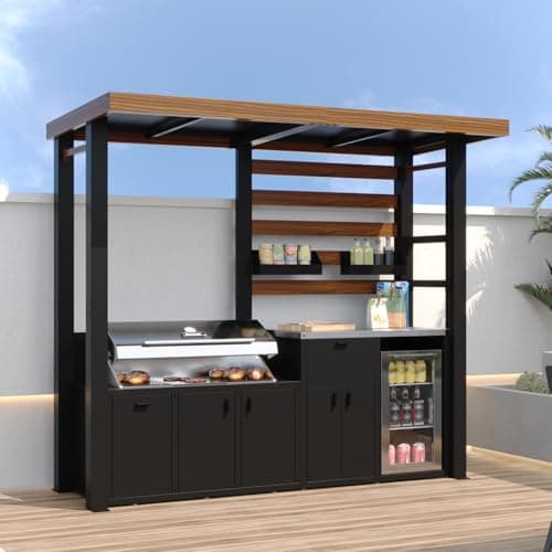 ROMSHINE 8.6'W Full Steel Outdoor Kitchen Cabinet, Patio Kitchen Island with Galvanized-Steel Roof and Stainless-Steel Countertop, BBQ Grill Station Bar Table with Storage, Black & Brown
