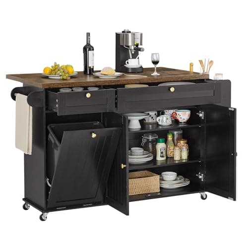 ONBRILL 60" Kitchen Island with Power Outlet & Drop Leaf, Rolling Island with Spice Rack & Towel Rack, Kitchen Island Cart with Trash Storage Cabinet, Island Table for Kitchen, Black+Rustic Brown