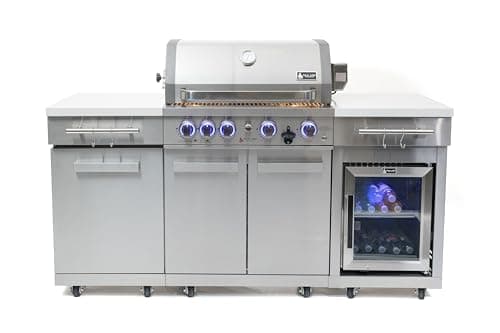 Mont Alpi Premium 70"W x 24"D Stainless Steel Compact Outdoor Kitchen Island with Refrigerator + 32"W 4-Burner BBQ Grill with Infrared Rotisserie Burner + Storage Cabinets + White Granite Countertops