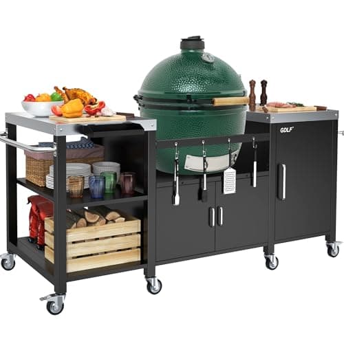 Outdoor Grill Table for Big Green Egg, Metal Grill Cart Compatible with XL Green Egg,Big Joe,Primo XL,Waterproof Cover Included