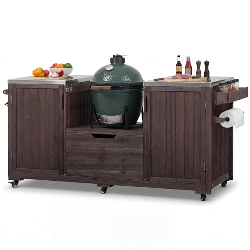 Andehomy 66.5" Outdoor Kitchen Island for Big Green Egg Grills, Solid Wood Grill Cart for Tabletop Grill with Stainless Steel Top, Drawer, Compatible with Large Big Green Egg, Kamado Joe-Dark Brown