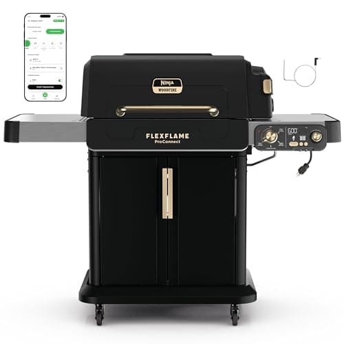 Ninja FlexFlame ProConnect Grill & Smoker | 5-in-1 Smart Cooking System | Electric & Propane | App-Connected | 3-Burner Digital Control | Roast, Griddle & Pizza Maker | Black/Gold | PG305