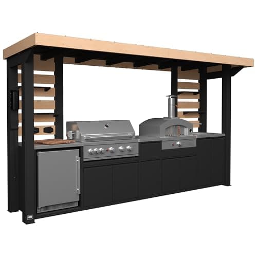 Backyard Discovery Fusion Flame 2 Galvanized Steel Covered Outdoor Kitchen with 5-Burner Stainless Steel Grill, Pizza Oven, Refrigerator, Sink, Storage, and Steel Roof for All-Weather Outdoor Cooking