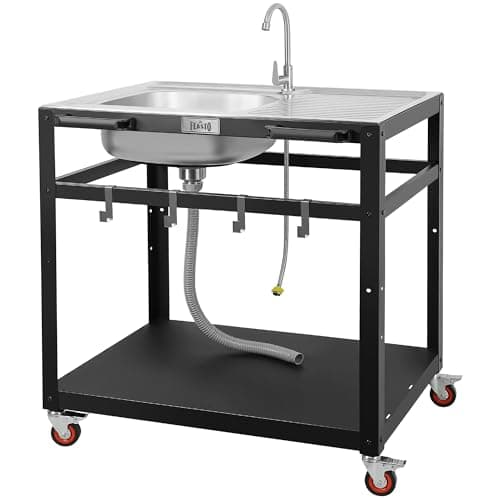FEASTO 35-Inch Outdoor Grill Cart with Stainless Steel Sink, Rolling BBQ Prep Table with Faucet, Storage Shelves and Lockable Wheels for Patio, Backyard and Outdoor Cooking, Silver & Black