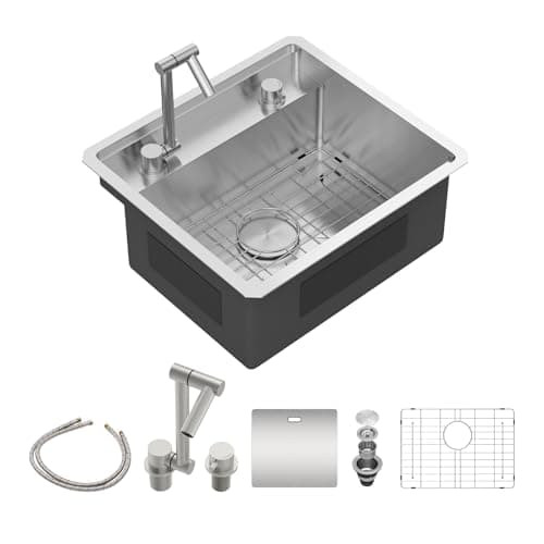 Sarlai Outdoor Sink, 21x19 Inch Undermount Kitchen Sink Workstation with Foldable Faucet Bar Prep Single Bowl 16 Gauge Stainless Steel Sinks with Cover,BBQ Sinks Outside with Cover