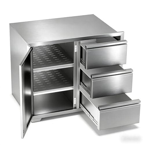 28"×19.7"×22" Outdoor Kitchen Cabinets, 304 Stainless Steel Cabinet, No Assembly Flush Mount Outdoor Kitchen Drawers Combo with Silent Triple Drawers & Access Door for BBQ Island Indoor Kitchen