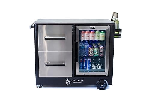 Mont Alpi Stainless Steel 48"W x 22.5"D x 36"H Large Outdoor Kitchen Island Rolling Bar Cart Prep Table Grill Station with Ceramic Top & Beverage Refrigerator + Storage Drawers + Portable Ice Cooler
