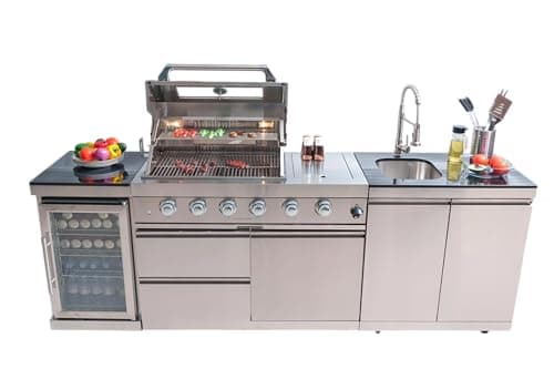 Modular Outdoor Kitchen BBQ Island, 104" Outdoor Kitchen Propane Gas Island Grill with Sink, Compact Refrigerator, Storage Cabinets, Rotisserie Kit (Silver, 104")