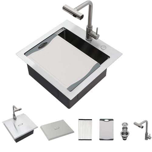 Lordear Drop In Outdoor Kitchen Sink Workstation with Pull-out Faucet 21" x 20" Bar Prep Sink 16 Gauge Stainless Steel Single Bowl Small Kitchen Camper Wet Bar Mobile Home RV Basin with Cover