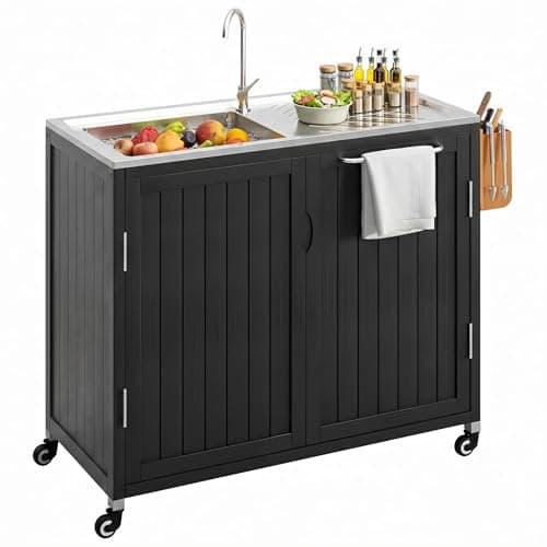 Outdoor Kitchen Island with 304 Stainless Steel Sink and Large Storage Cabinet,40-Inch BBQ Prep Station with Sink & 360 Lockable Wheels for Patio,Solid Wood Grill Cart,Backyard, Outdoor Party, Black