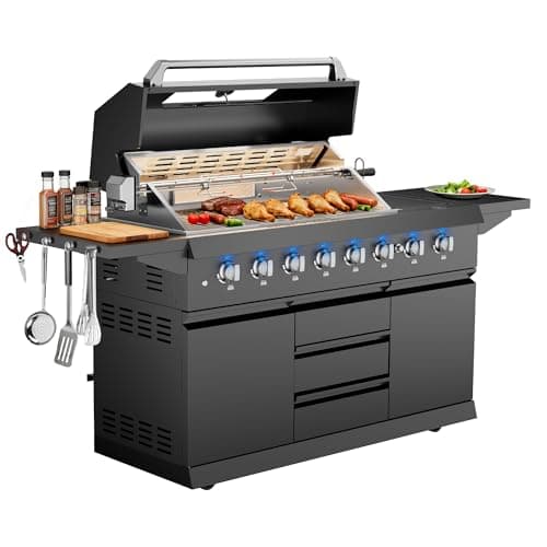 CT Copper Tailor 83-inch Outdoor Kitchen BBQ Gas Grill Island, 6 Main Burners, Infrared Rear & Side Burner,99,000 BTU, Stainless Steel, Foldable Side Table, Double Storage Cabinets & 3 Drawers