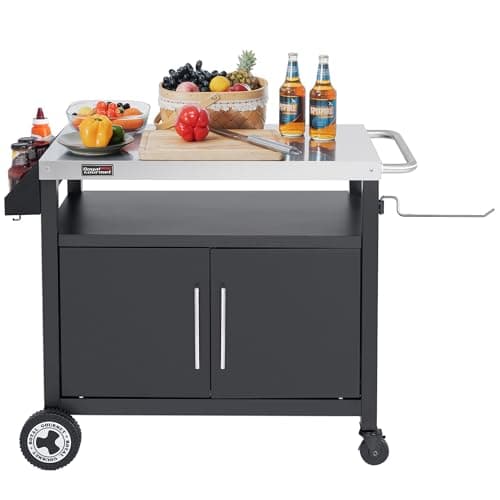 Grills House Outdoor Grill Cart with Wheels, Movable Kitchen Island with Storage Cabinet for BBQ, Stainless Steel Dining Cart Table for Food Prep, Black, PC3403S-SC