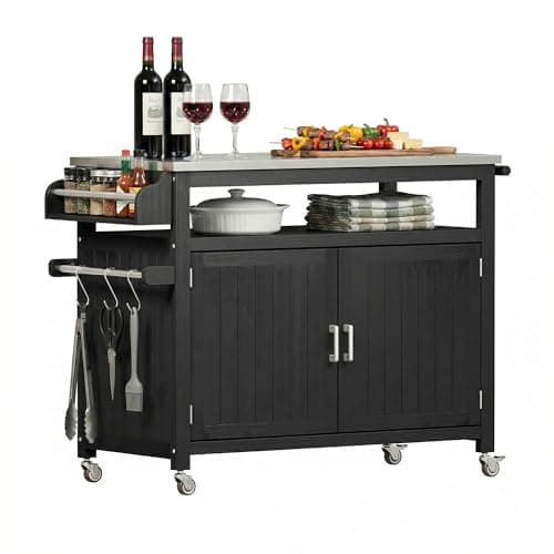 FUQARHY 43.3-Inch Outdoor Kitchen Island with Storage Cabinet and Stainless Steel Top, Solid Wood Prep Station Grill Table with Lockable Wheels for Patio, Backyard, Party (Black)