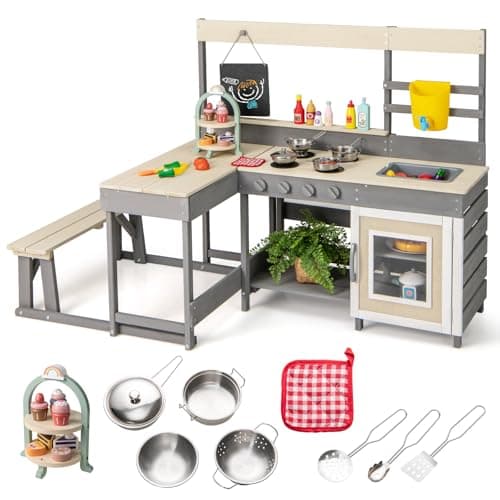 INFANS Mud Kitchen, Outdoor Play Kitchen with Faucet Chalkboard Stoves Removable Sink Cooking Accessories Wooden Kids Kitchen Playset Backyard Garden Toys Gift for Boys Girls Ages 3+