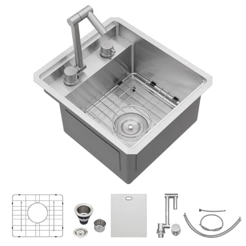 Couoko 15x17 Inch Outdoor Undermount RV Sink with Folding Faucet Workstation 16 Gauge Stainless Steel Single Bowl Handmade Concealed RV Wet Outdoor Bar Van Kitchen Sinks with Luxury Accessories