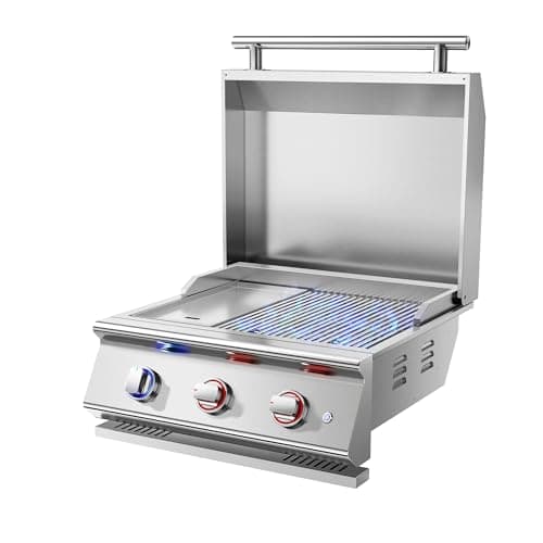 Livory 26 Inch BBQ Head Griddle Grill Combo for Outdoor Kitchen, Natural Gas Built-in Grills for Barbecue Island, 3-Burner, 3 * 14,000 BTU, Premium 304 Stainless Steel, Convertible to Liquid Propane