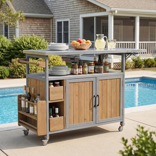 Christopher Knight Home Edsel Outdoor Bar Cart with Stainless Steel Top and Lockable Wheels, Solid Wood Outdoor Storage Cabinet, Kitchen Island Serving Cart for Poolside, Walnut Brown+Blue Gray
