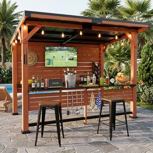10' x 8' Premium Outdoor Entertainment Bar Center, 26 Gauge Galvanized Steel Roof, Heavy-Duty Solid Wood Pillar,Warm Cedar Wooden Gazebo with Bar Top, TV Mount, Shelves and Hooks for Patio, Deck