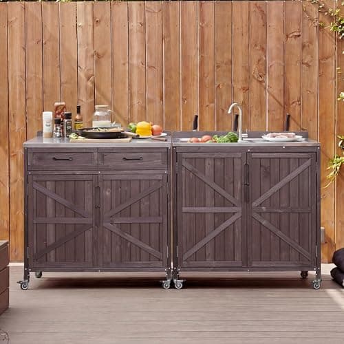 Merax 2 Piece Modular Outdoor Kitchen Series- Movable Grill Cart w/Stainless Steel Sink, Faucet & Back Splash, Wood Rolling BBQ Prep Table w/Lockable Wheels for Backyard & Outdoor Cooking,Dark Brown