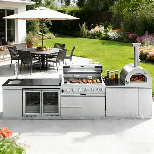 147-Inch Stainless Steel Outdoor Kitchen Island,Propane BBQ Grill with Pizza Oven,Rotisserie,Double Door Refrigerator, Granite Countertop, Storage Cabinets & Drawers 120,000 BTU.