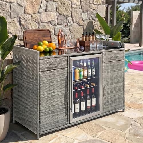 LUMISOL Outdoor Wicker Storage Cabinet with Fridge Space, Rattan Patio Bar Table with Adjustable Shelves & Drawers, Outdoor Mini Fridge Bar Cabinet for Pool Garden Kitchen, Grey