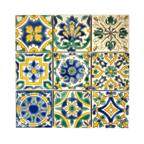Set of 9 Decorative Ceramic Tiles – Hand Painted Indoor & Outdoor – Spanish Artisan Top Kitchen – Mediterranean Decorative Tilles 3.94x3.94 / One Tile – Durable Colorful – 140 g Each (Mediterranean)