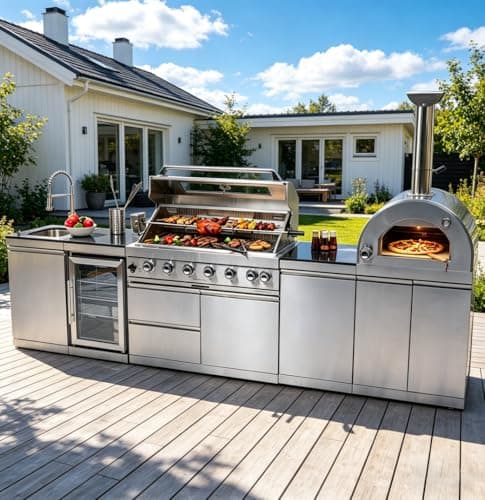 128-Inch Stainless Steel Outdoor Kitchen Island, Propane BBQ Grill with Pizza Oven, Rotisserie, Refrigerator, Granite Countertop, Storage Cabinets & Drawers 120,000 BTU