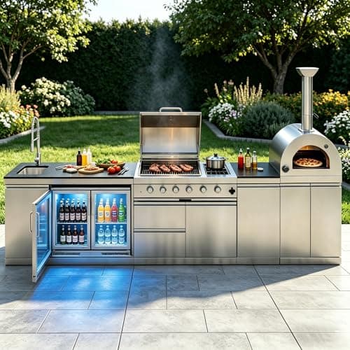 150" Outdoor Kitchen Island,108,000 BTU Propane BBQ Grill with Pizza Oven,Rotisserie,Double Door Refrigerator,Granite Countertop,Storage Cabinets & Drawers,Stainless Steel Build.