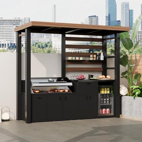 MOUMON 8.6Ft Outdoor Kitchen Grill Station with Stainless Steel Countertop, BBQ Grill Gazebo with Storage, Hardtop Steel Roof, for Patio Garden, Black & Brown, 47.4”D x 103.3”W x 90.7”H